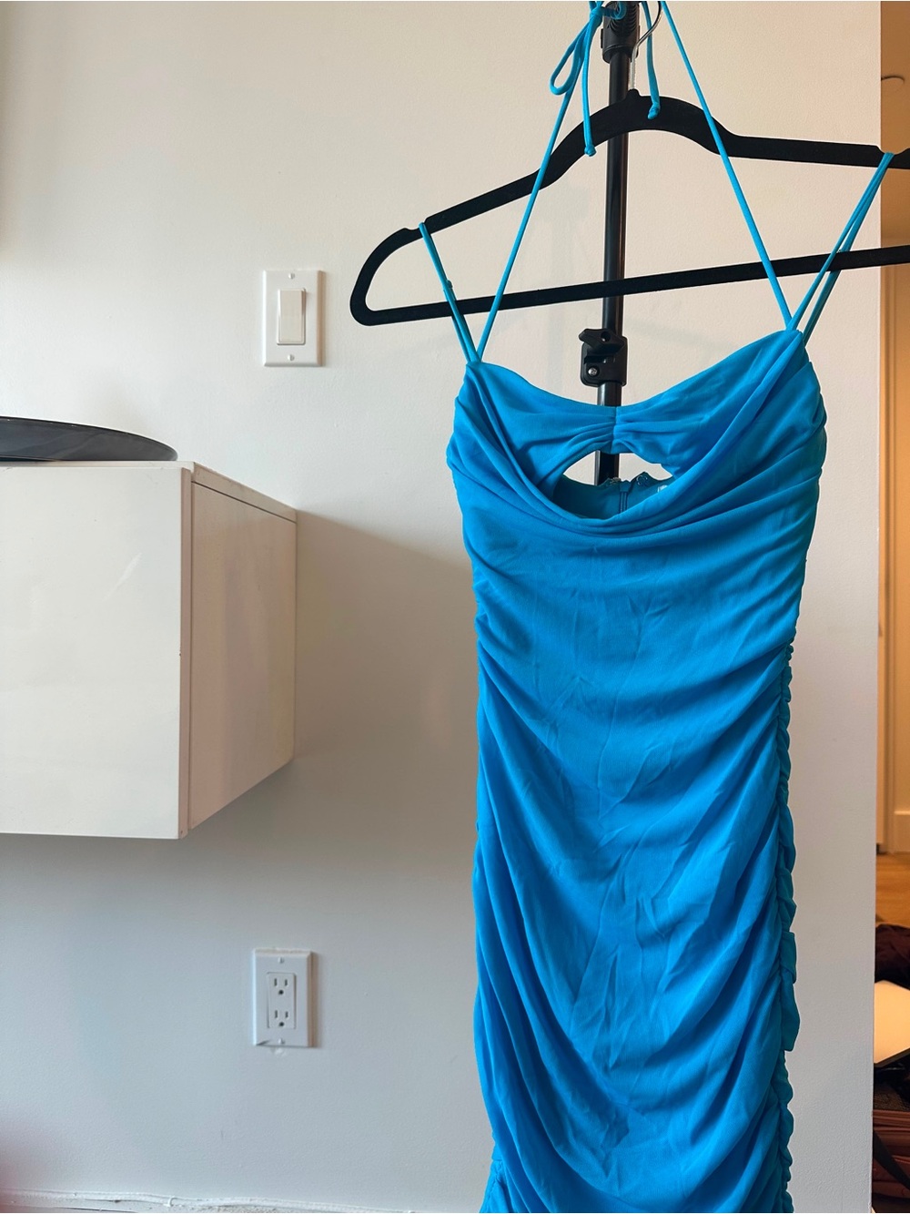 Oh Polly Turquoise Ruched Spaghetti-Strap Midi Dress